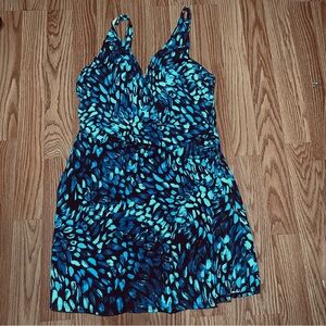 D&Co Beach Blue Printed V-Neck One-Piece Swimsuit Size 8